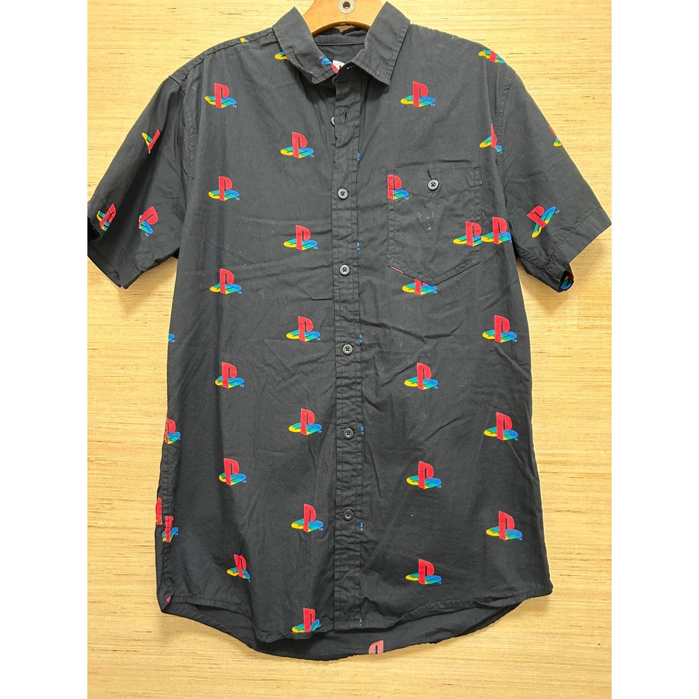 PlayStation All Over Print Black Short Sleeve Button Up‎ Shirt Gaming Medium